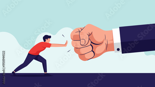 Determined businessman pushing back against a giant fist representing resistance to pressure and standing up.