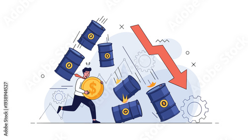Businessman running in panic as oil barrels fall and market prices drop shown by a red arrow for crash concept.