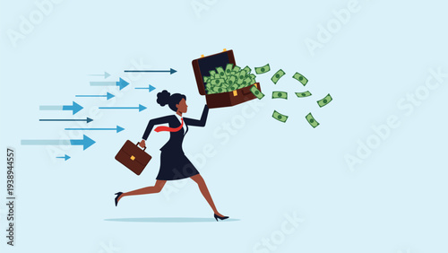 Businesswoman running at high speed with a briefcase full of cash flying out behind her on a blue background.