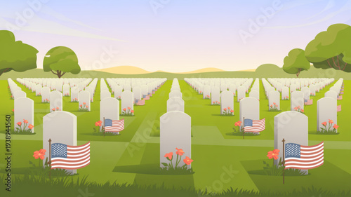 American military cemetery with flags and flowers on graves at sunset memorial day concept