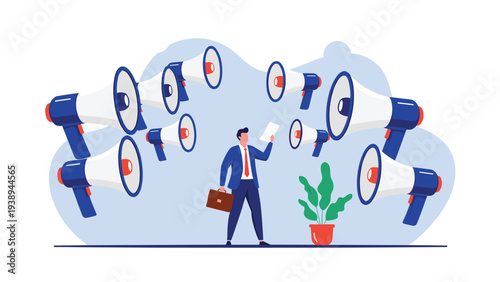 Confident businessman facing many loud colored megaphones as he stands in a room with a potted green plant.