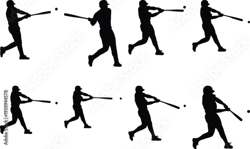 A baseball player's silhouette captured in multiple stages of a powerful swing, emphasizing athletic movement and the intensity of the sport.