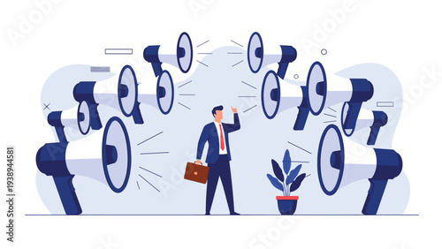 Professional man standing amidst multiple blue megaphones pointing at him representing public pressure or news.