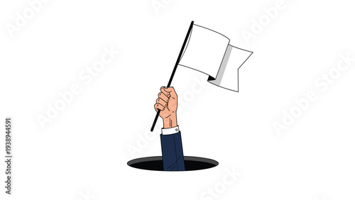 Hand holding a white flag of surrender emerging from a dark hole representing defeat or giving up on a challenge.