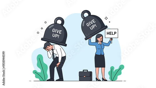 Frustrated employees feeling crushed under heavy weights labeled give up as they seek help at work environment.