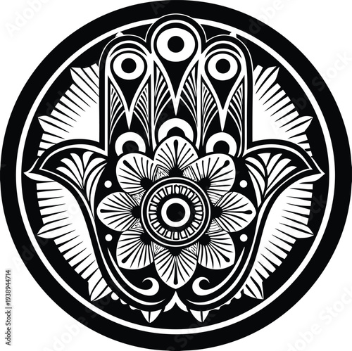 Hamsa Hand Mandala Symbol Design Black and White Graphic