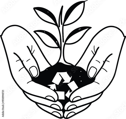 Hands holding plant seedling in soil with recycling symbol sketch style