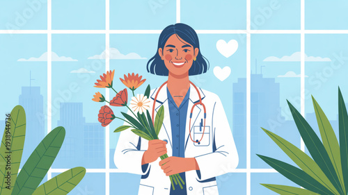 Smiling female doctor holding colorful flowers in hospital or clinic setting with city view and plants