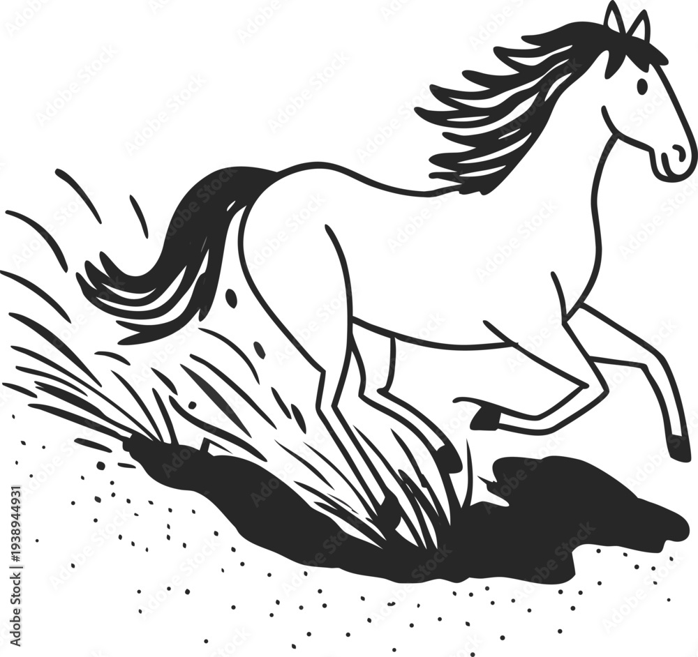 Fototapeta premium Horse Running Through Grass Outline Vector Graphic Stock