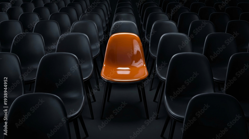 Obraz premium Orange chair stands out among black chairs in dark room, hiring or choice concept.