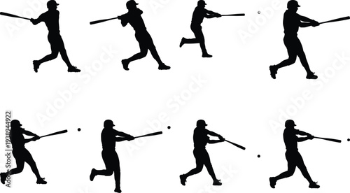 Multiple frames showcasing the athletic motion of a baseball player swinging a bat, depicted as a clean silhouette against a white background.