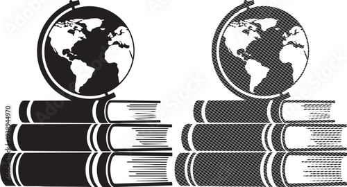 Global knowledge symbolized by books and earth globes