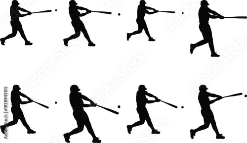 Vector graphic of a baseball player's silhouette in a series of poses, demonstrating the full motion of hitting a ball during a match.