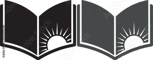 Two open books with sunrise illustrations on the pages symbolizing knowledge and enlightenment