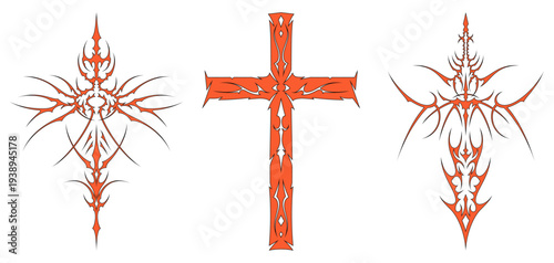 set of cyber sigilsm cross, sword, Neo tribal symmetrical outline and fill sharp style. vector format for mystical symbol, vector design for tattoo flash, streetwear t-shirt print apparel