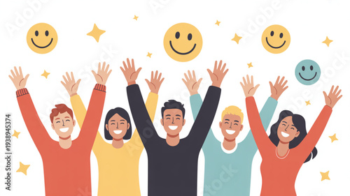 Diverse group of people celebrating with raised arms and smiling faces surrounded by yellow smiley emoticons and stars on white background