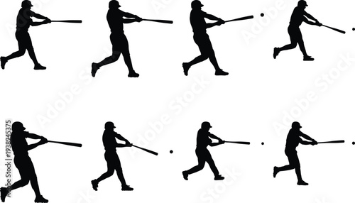 Silhouette of a baseball player in action, capturing the dynamic swing and hitting motion from multiple angles and stages of play.