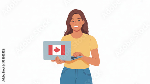 Woman holding laptop with canadian flag smiling flat design illustration yellow shirt blue pants white background digital identity