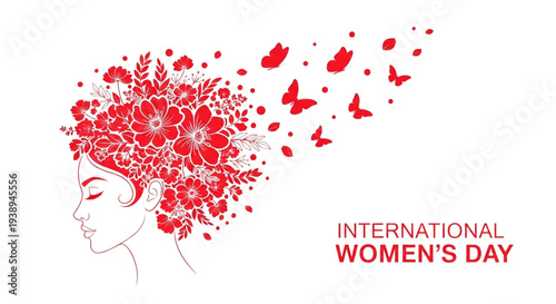 International Women's Day March 8 Celebration with Empowered Woman, Red Floral Hair, and Flying Butterflies Vector
