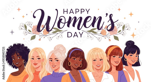 Diverse Empowered Women Celebrating Happy Women's Day. Multiracial Female Group for Unity, Social Media, and Marketing.