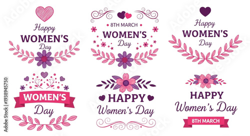 Happy Women's Day Vector Badges and Labels Feminine Floral Graphics for March 8th Social Media and Greeting Cards