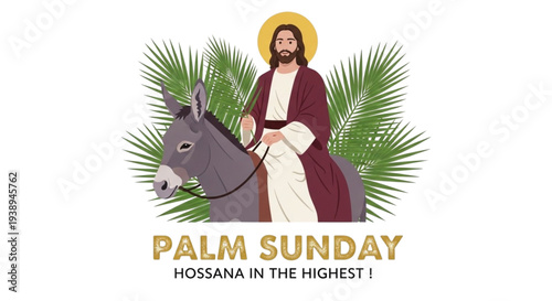 Palm Sunday Jesus Christ Triumphal Entry on Donkey. Christian Holy Week Celebration. Religious Faith Event Graphic.