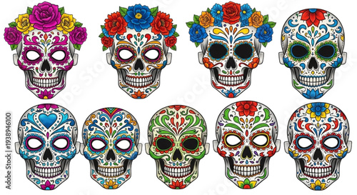 Vibrant Sugar Skull Designs for Festive Dia de Muertos Marketing, Web Design, and Celebrations