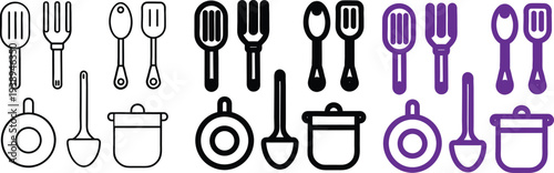 Kitchen Utensil Icons Set: Spatula, Fork, Spoon, Ladle, Pot Vector Graphics