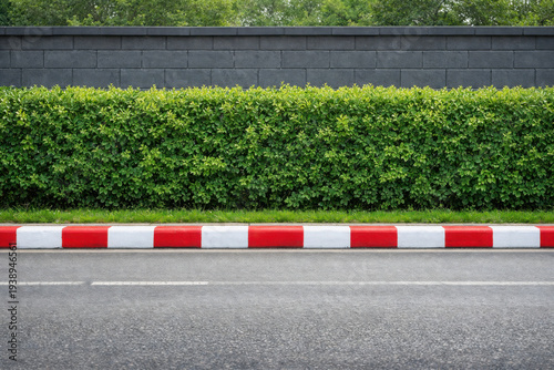 Roadside curb with red and white painted stripes, green hedge, and dark wall