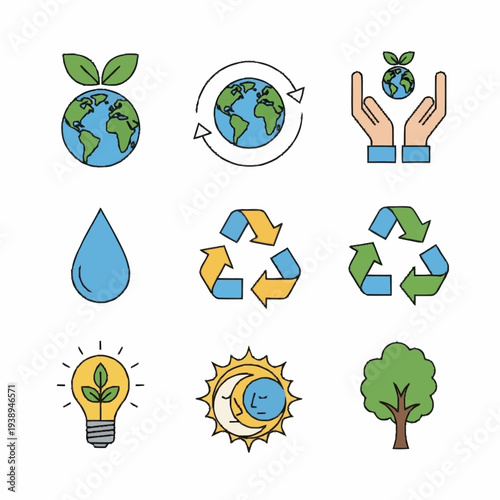 Eco-friendly icons set for environmental protection and sustainability.