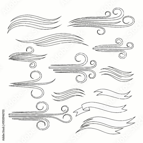 Hand drawn wind and air movement doodle set.