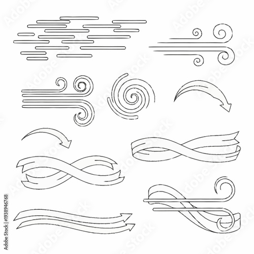 Hand-drawn wind and air movement illustrations set.