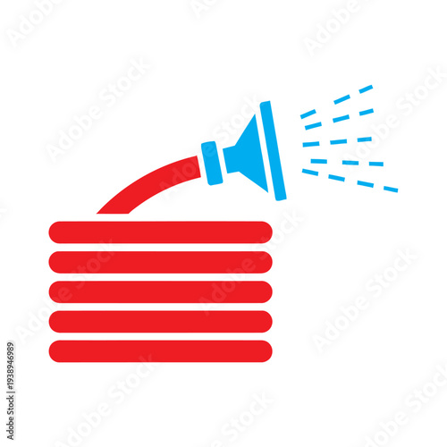 Red Hose with Blue Nozzle Spraying Water.
