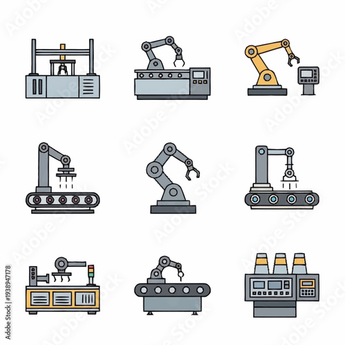 Industrial Robotic Arms and Manufacturing Automation Icons Set.