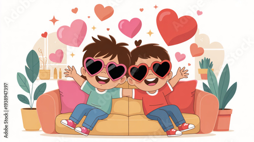 Two children sitting on a couch with heart shaped sunglasses and colorful hearts around them in a cozy living room