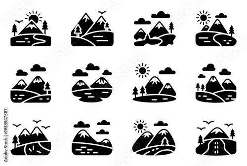 Mountain Landscape Icons Black White Vector Illustration