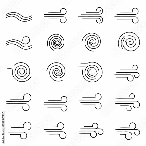 Set of various wind and air current line icons.