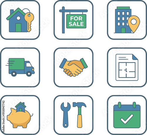 Set of 9 real estate and business icons vector
