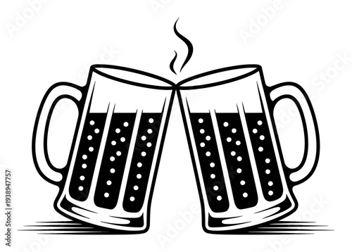 Two Beer Mugs Clinking Together with Steam Rising