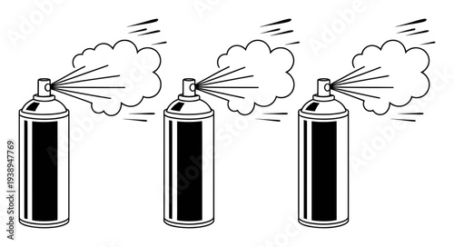 Three Spray Cans Releasing Aerosol Clouds in a Row