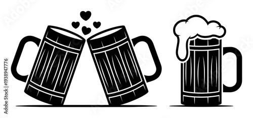 Two Beer Mugs Clinking with Hearts and One Full Beer Mug with Foam
