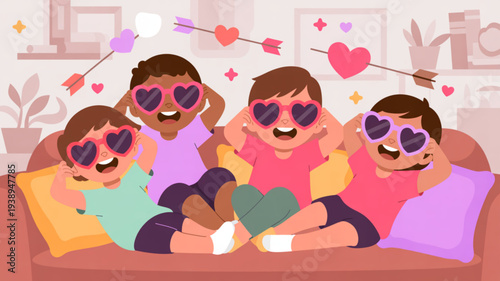 Four diverse children wearing heart shaped sunglasses sitting on a couch with colorful hearts and arrows in the background conveying love and friendship