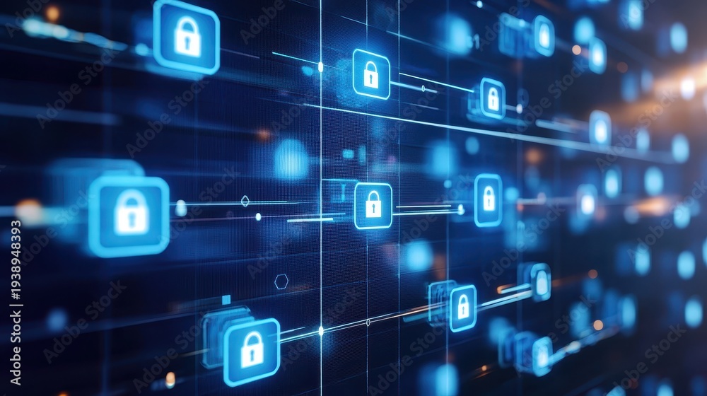 Obraz premium Digital network illustrating secure data connections with glowing lock icons and futuristic lighting