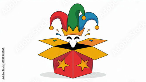 Jester's hat emerges from colorful red box with yellow stars symbolizing surprise and entertainment