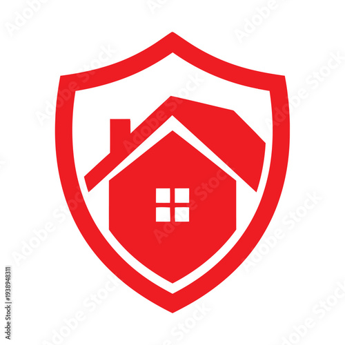 Red Shield Protecting House Icon Symbol.