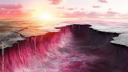 Dramatic coastal erosion under vibrant sunset light, showcasing the raw power of nature and environmental change