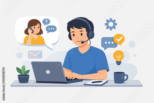 Customer Service Support Agent Wearing Headset Working on Laptop to Solve Client Problems Online. Professional Help Desk Assistant Providing Technical Support and Communication via Call Center.