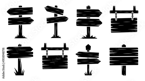 Set of 10 wooden signpost icons vector, black silhouettes for direction and navigation isolated PNG with Transparent Background