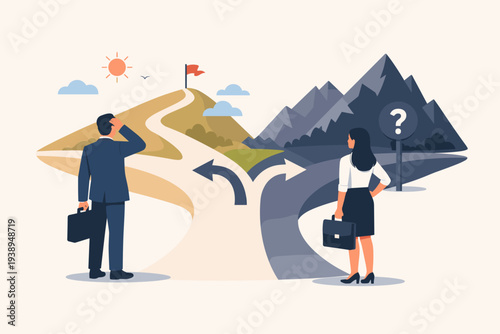 Businessman and businesswoman at a crossroads choosing between a bright path to success with a flag and a dark uncertain path with a question mark, career decision, strategy and opportunity.