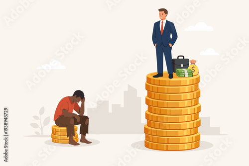 Economic Inequality and Social Injustice Concept with Rich Businessman Standing on Tall Stack of Gold Coins and Poor Man Sitting on Small Coin Pile, Wealth Gap and Income Disparity Illustration